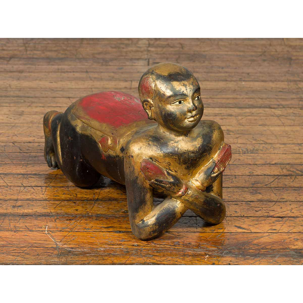 Vintage Thai Ceremonial Gilt Carved Temple Guardian with Black and Red Patina-3. Asian & Chinese Furniture, Art, Antiques, Vintage Home Décor for sale at FEA Home