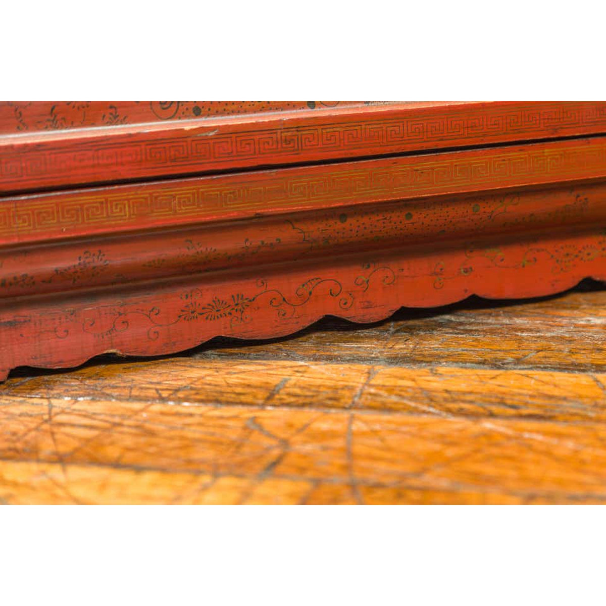 Chinese Qing Dynasty Red Lacquered Scroll Box with Distressed Gold Chinoiserie-13. Asian & Chinese Furniture, Art, Antiques, Vintage Home Décor for sale at FEA Home