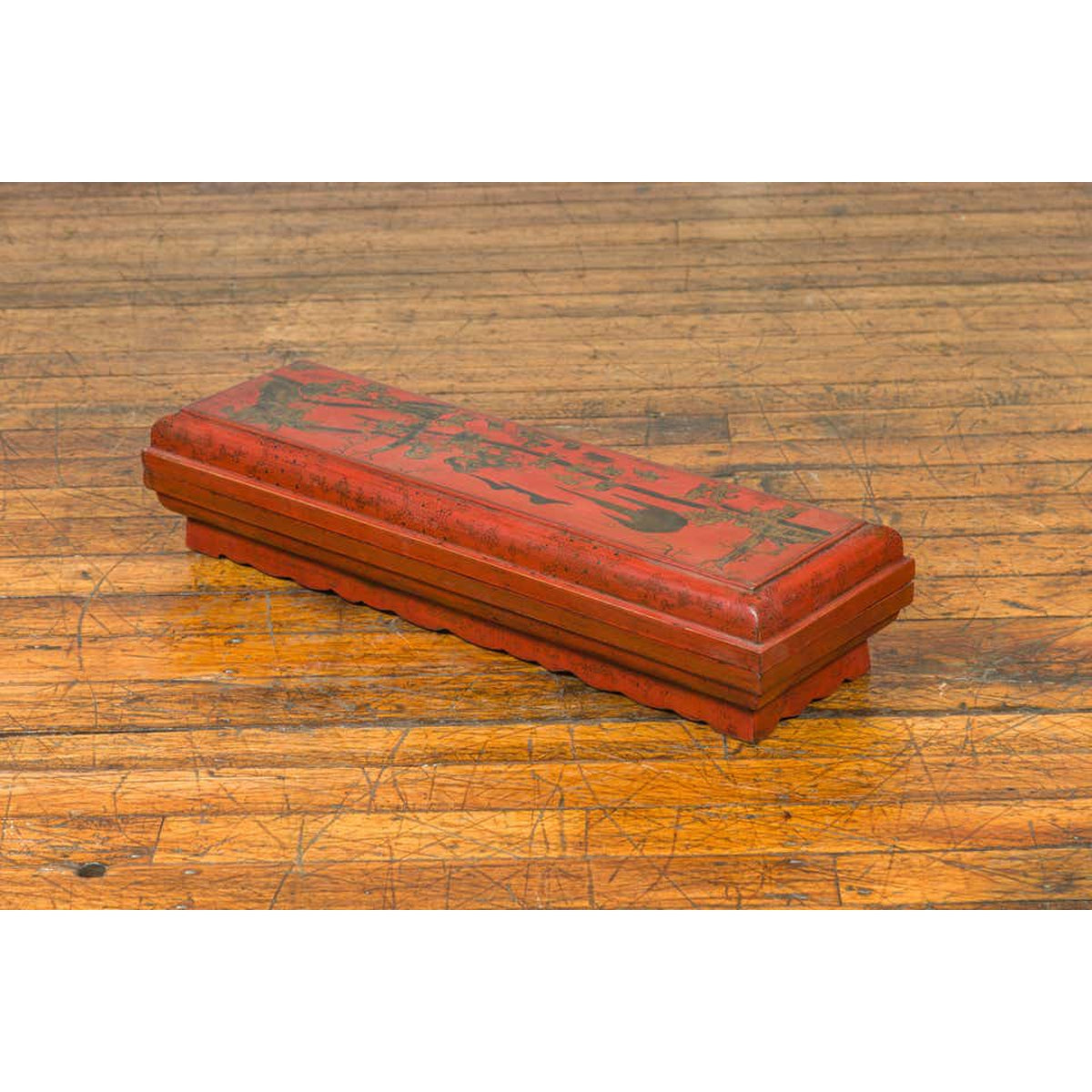 Chinese Qing Dynasty Red Lacquered Scroll Box with Distressed Gold Chinoiserie-3. Asian & Chinese Furniture, Art, Antiques, Vintage Home Décor for sale at FEA Home