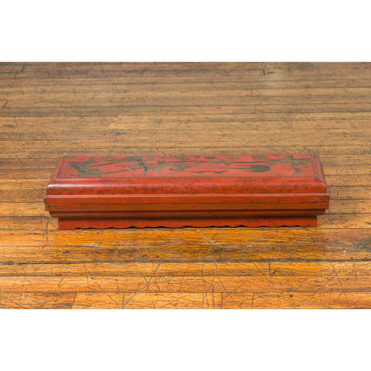Chinese Qing Dynasty Red Lacquered Scroll Box with Distressed Gold Chinoiserie-4. Asian & Chinese Furniture, Art, Antiques, Vintage Home Décor for sale at FEA Home
