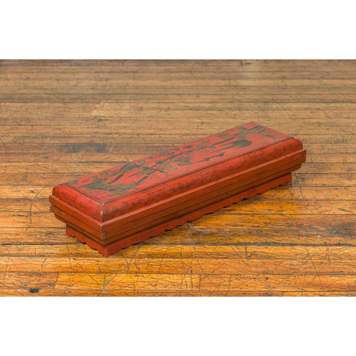 Chinese Qing Dynasty Red Lacquered Scroll Box with Distressed Gold Chinoiserie-5. Asian & Chinese Furniture, Art, Antiques, Vintage Home Décor for sale at FEA Home
