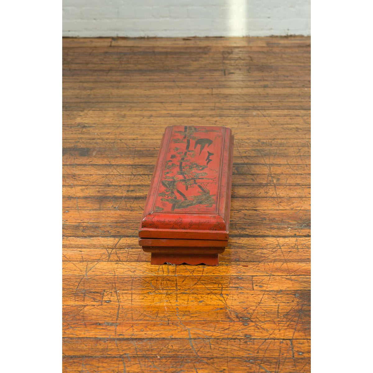 Chinese Qing Dynasty Red Lacquered Scroll Box with Distressed Gold Chinoiserie-6. Asian & Chinese Furniture, Art, Antiques, Vintage Home Décor for sale at FEA Home