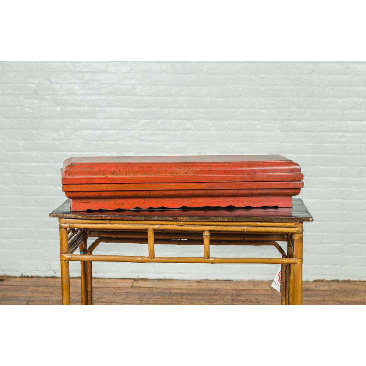 Chinese Qing Dynasty Red Lacquered Scroll Box with Distressed Gold Chinoiserie-15. Asian & Chinese Furniture, Art, Antiques, Vintage Home Décor for sale at FEA Home