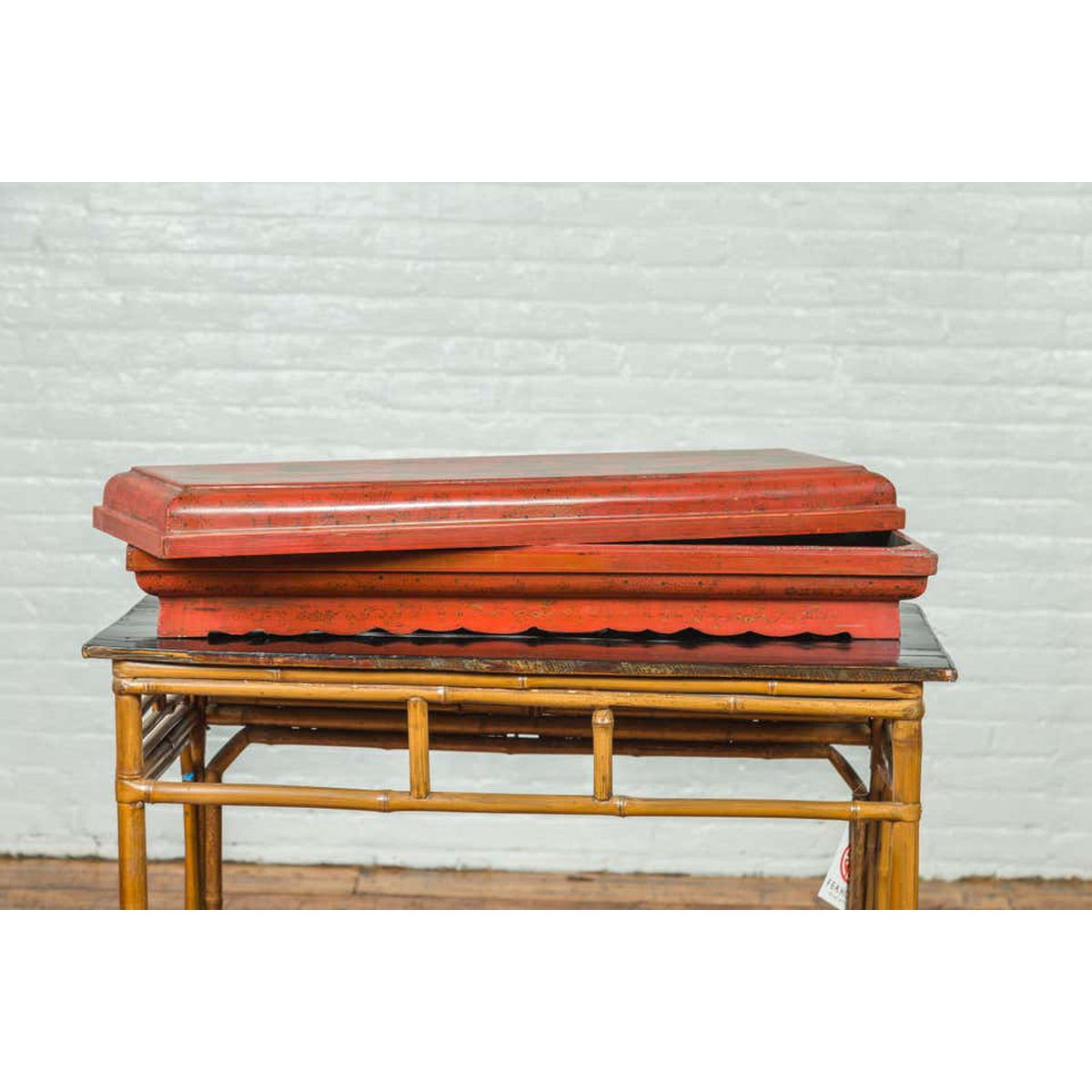 Chinese Qing Dynasty Red Lacquered Scroll Box with Distressed Gold Chinoiserie-14. Asian & Chinese Furniture, Art, Antiques, Vintage Home Décor for sale at FEA Home
