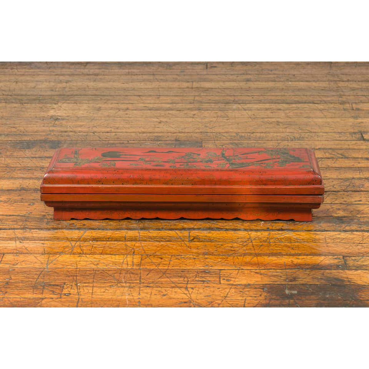 Chinese Qing Dynasty Red Lacquered Scroll Box with Distressed Gold Chinoiserie-8. Asian & Chinese Furniture, Art, Antiques, Vintage Home Décor for sale at FEA Home