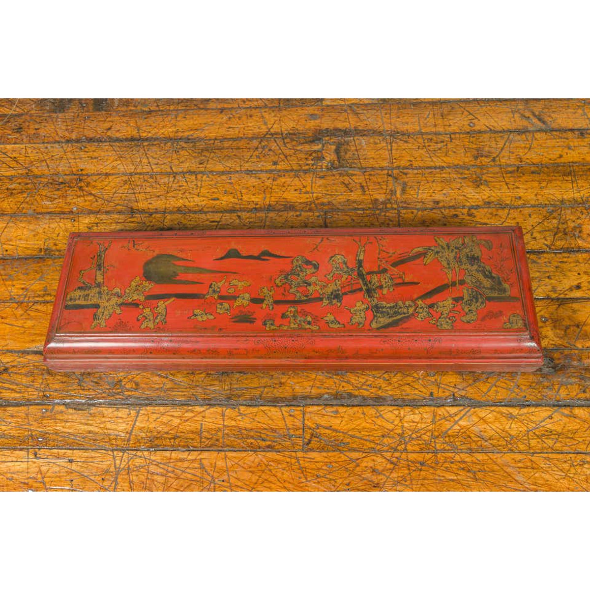 Chinese Qing Dynasty Red Lacquered Scroll Box with Distressed Gold Chinoiserie-9. Asian & Chinese Furniture, Art, Antiques, Vintage Home Décor for sale at FEA Home