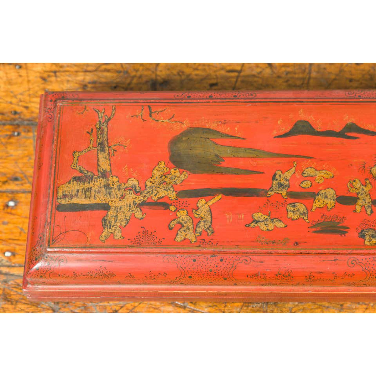 Chinese Qing Dynasty Red Lacquered Scroll Box with Distressed Gold Chinoiserie-10. Asian & Chinese Furniture, Art, Antiques, Vintage Home Décor for sale at FEA Home