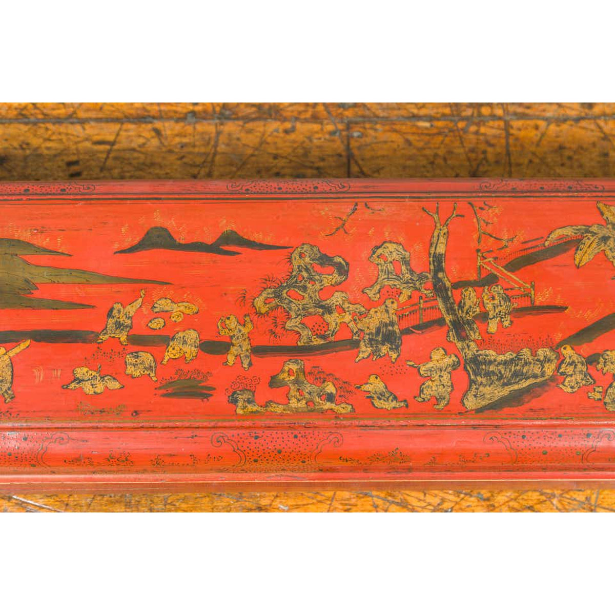 Chinese Qing Dynasty Red Lacquered Scroll Box with Distressed Gold Chinoiserie-11. Asian & Chinese Furniture, Art, Antiques, Vintage Home Décor for sale at FEA Home