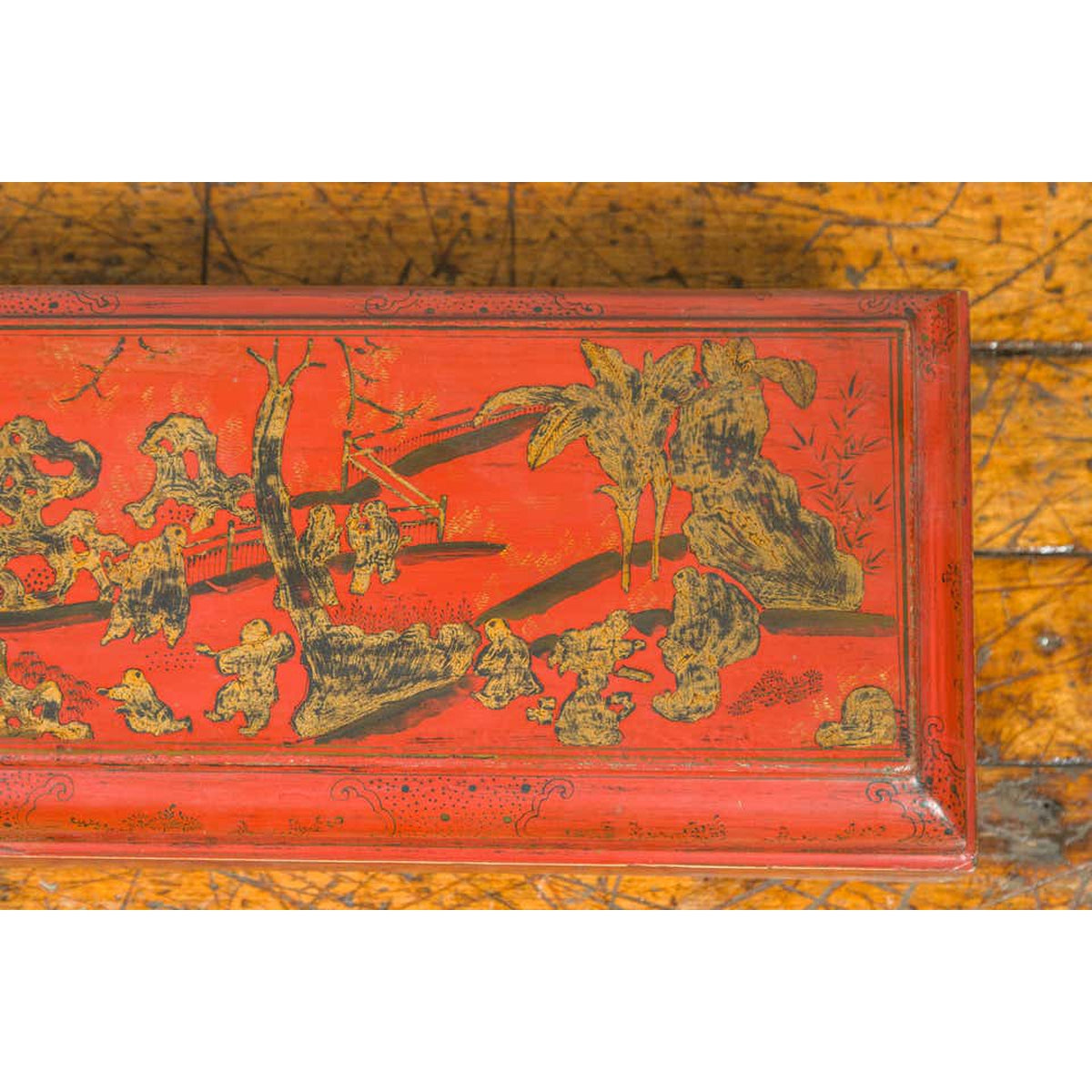 Chinese Qing Dynasty Red Lacquered Scroll Box with Distressed Gold Chinoiserie-12. Asian & Chinese Furniture, Art, Antiques, Vintage Home Décor for sale at FEA Home