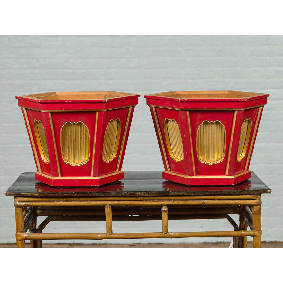 Japanese Taishō Gold and Red Lacquer Hexagonal Planters with Reeded Cartouches-7. Asian & Chinese Furniture, Art, Antiques, Vintage Home Décor for sale at FEA Home