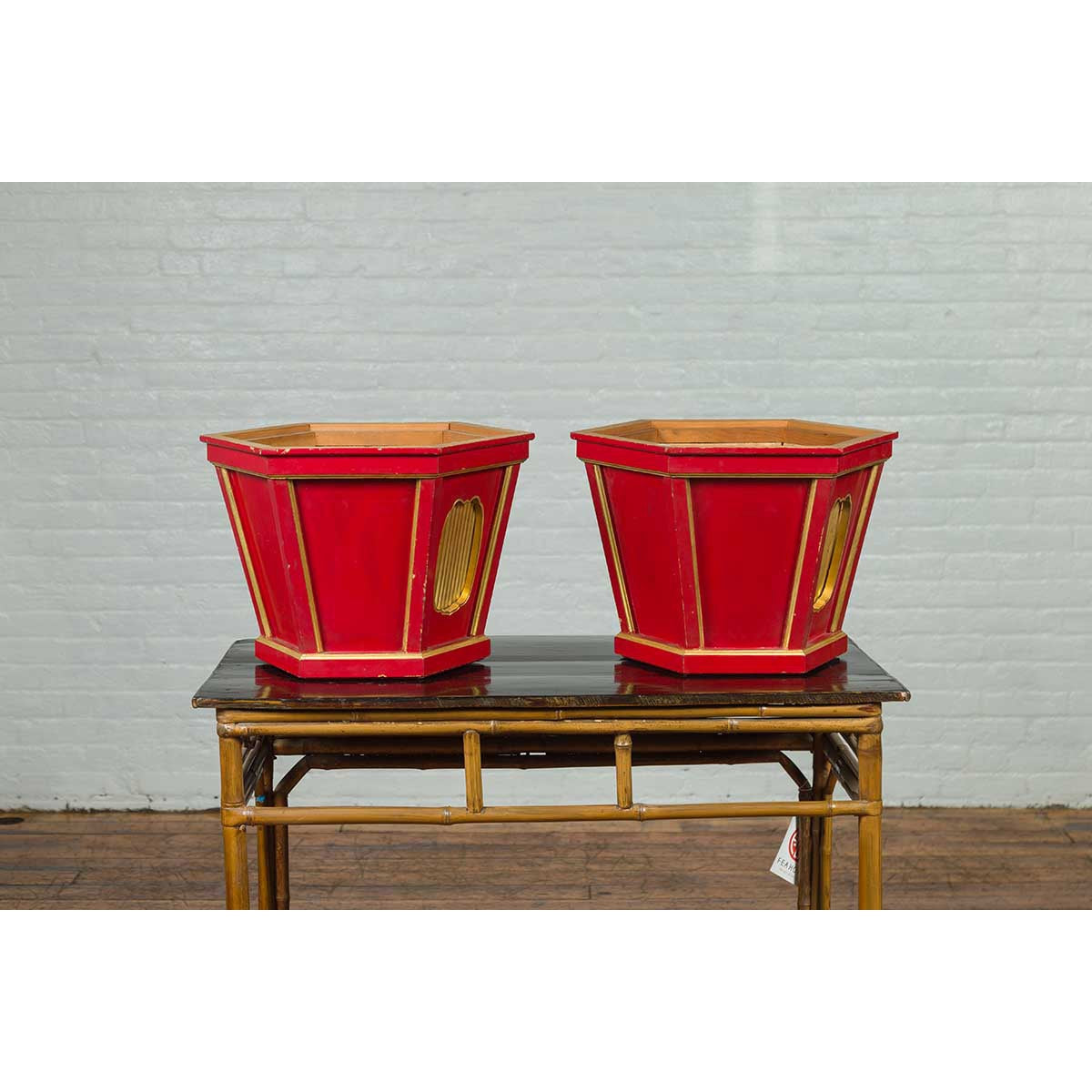 Japanese Taishō Gold and Red Lacquer Hexagonal Planters with Reeded Cartouches-8. Asian & Chinese Furniture, Art, Antiques, Vintage Home Décor for sale at FEA Home