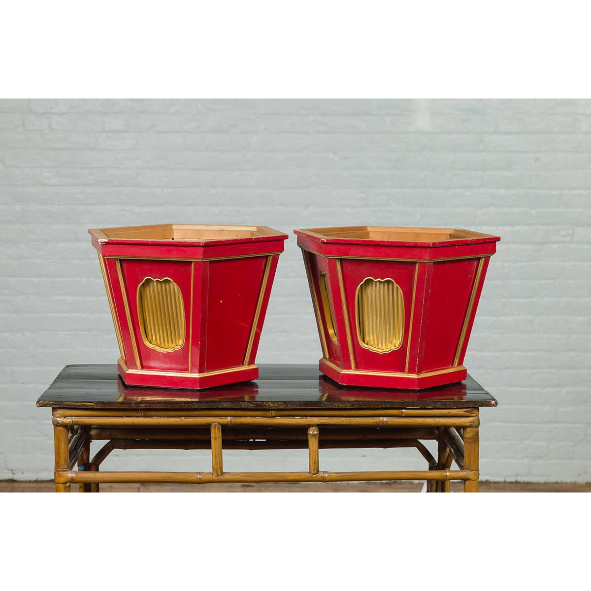 Japanese Taishō Gold and Red Lacquer Hexagonal Planters with Reeded Cartouches-10. Asian & Chinese Furniture, Art, Antiques, Vintage Home Décor for sale at FEA Home