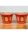Japanese Taishō Gold and Red Lacquer Hexagonal Planters with Reeded Cartouches-2. Asian & Chinese Furniture, Art, Antiques, Vintage Home Décor for sale at FEA Home