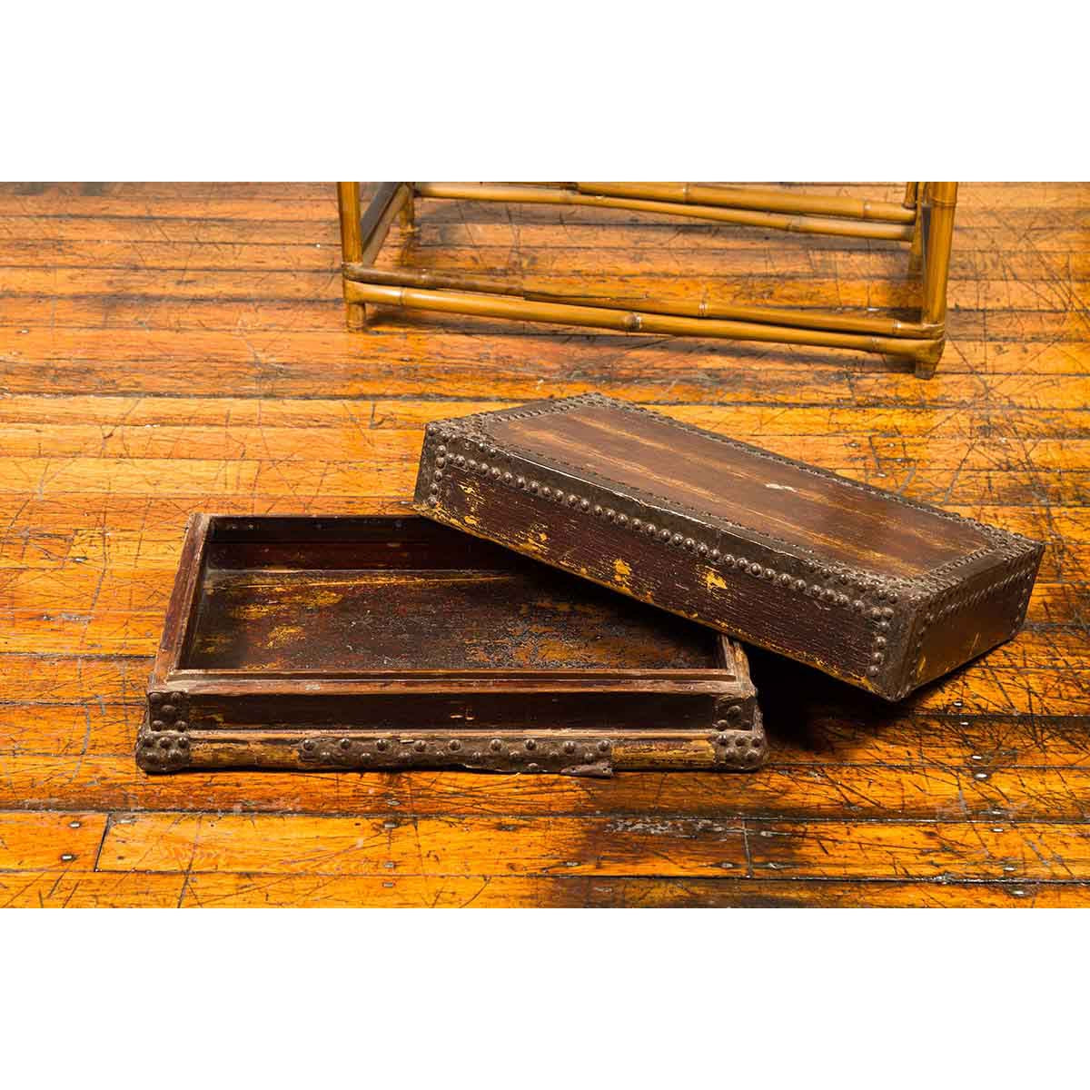 Antique Chinese Wooden Document Box with Distressed Patina and Brass Stud Design-10. Asian & Chinese Furniture, Art, Antiques, Vintage Home Décor for sale at FEA Home