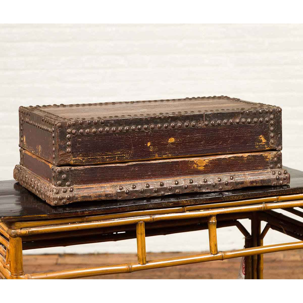 Antique Chinese Wooden Document Box with Distressed Patina and Brass Stud Design-5. Asian & Chinese Furniture, Art, Antiques, Vintage Home Décor for sale at FEA Home