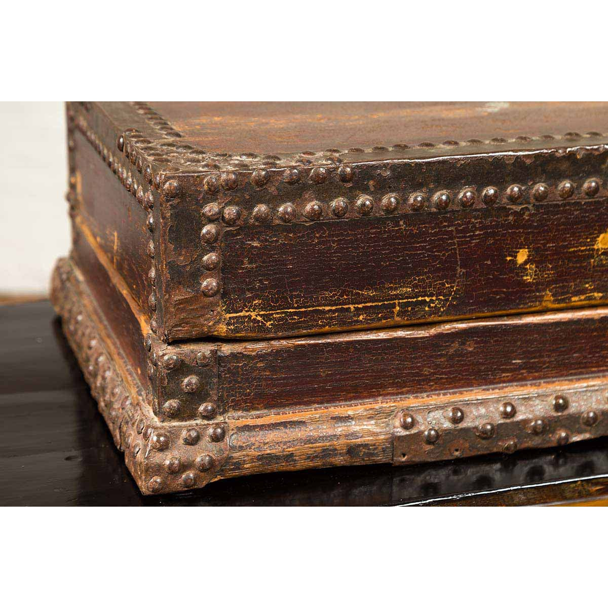 Antique Chinese Wooden Document Box with Distressed Patina and Brass Stud Design-7. Asian & Chinese Furniture, Art, Antiques, Vintage Home Décor for sale at FEA Home