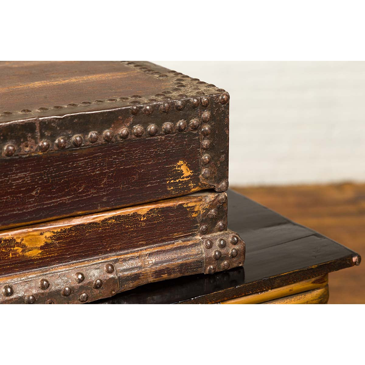 Antique Chinese Wooden Document Box with Distressed Patina and Brass Stud Design-6. Asian & Chinese Furniture, Art, Antiques, Vintage Home Décor for sale at FEA Home