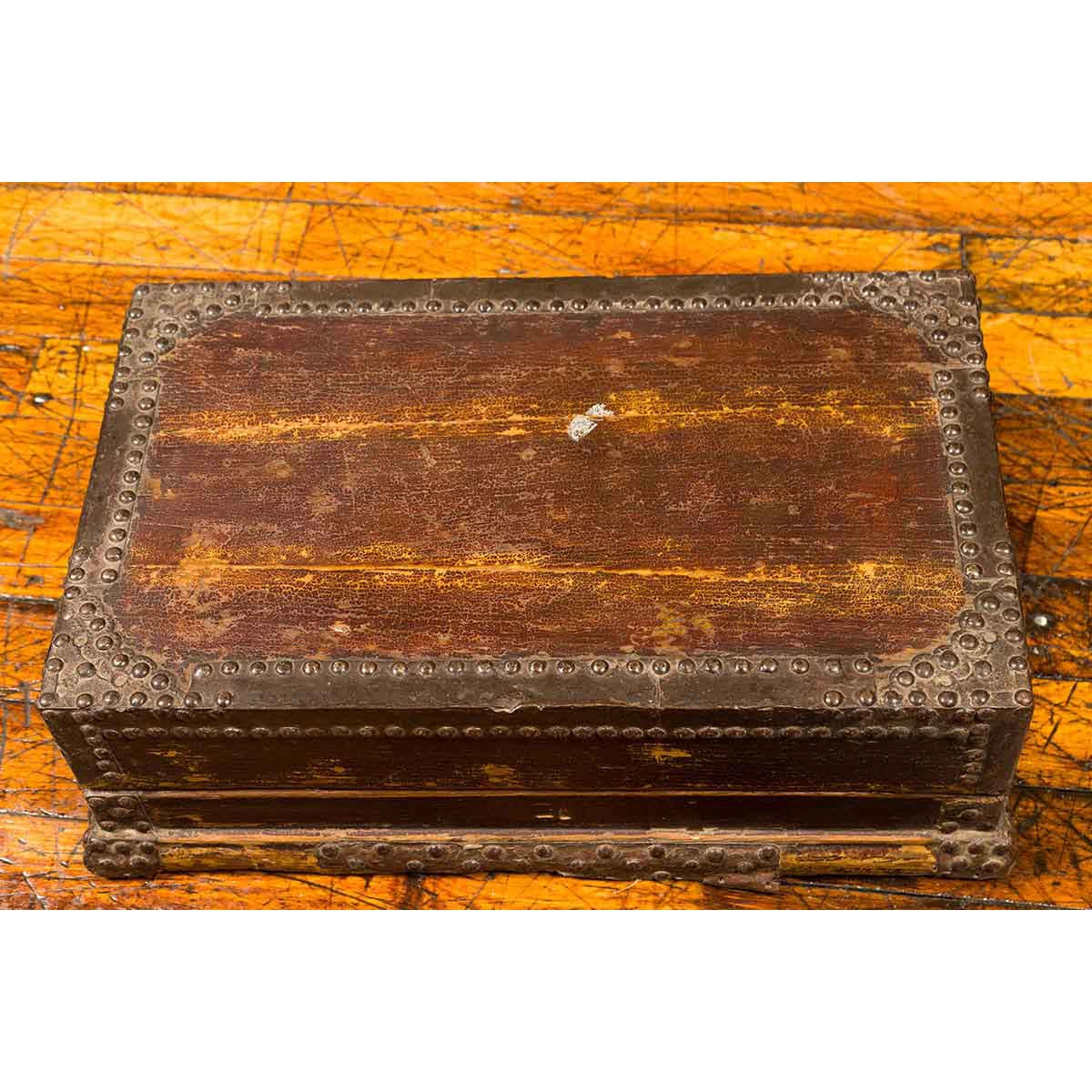 Antique Chinese Wooden Document Box with Distressed Patina and Brass Stud Design-9. Asian & Chinese Furniture, Art, Antiques, Vintage Home Décor for sale at FEA Home