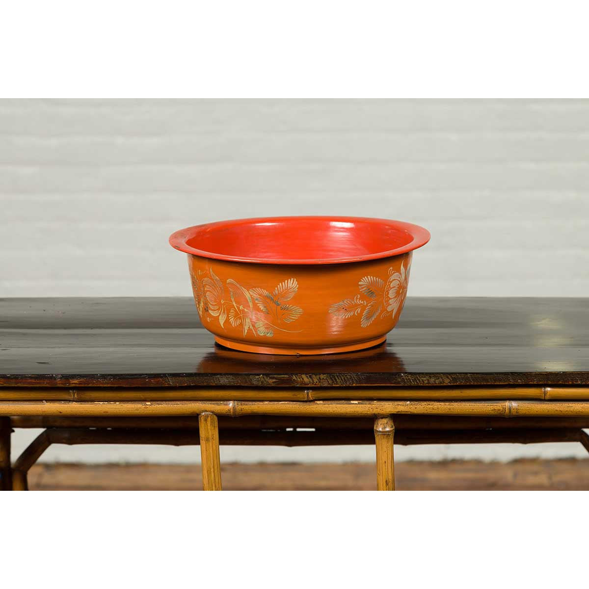 Vintage Burmese Orange and Red Lacquered Papier Mâché Bowl with Floral Design-4. Asian & Chinese Furniture, Art, Antiques, Vintage Home Décor for sale at FEA Home