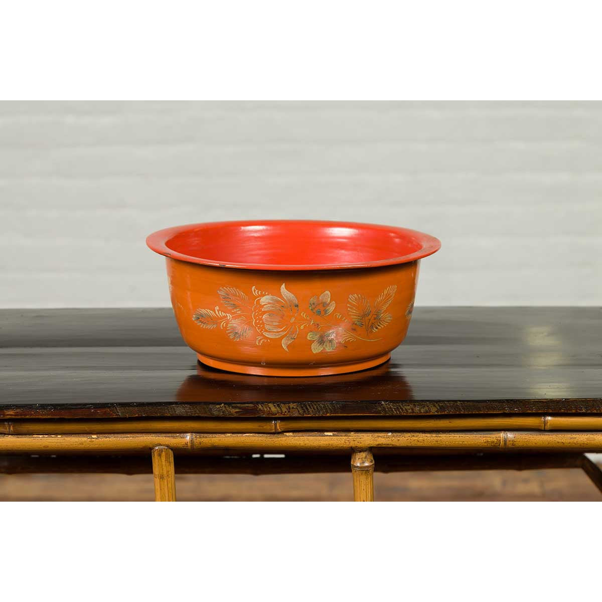 Vintage Burmese Orange and Red Lacquered Papier Mâché Bowl with Floral Design-6. Asian & Chinese Furniture, Art, Antiques, Vintage Home Décor for sale at FEA Home