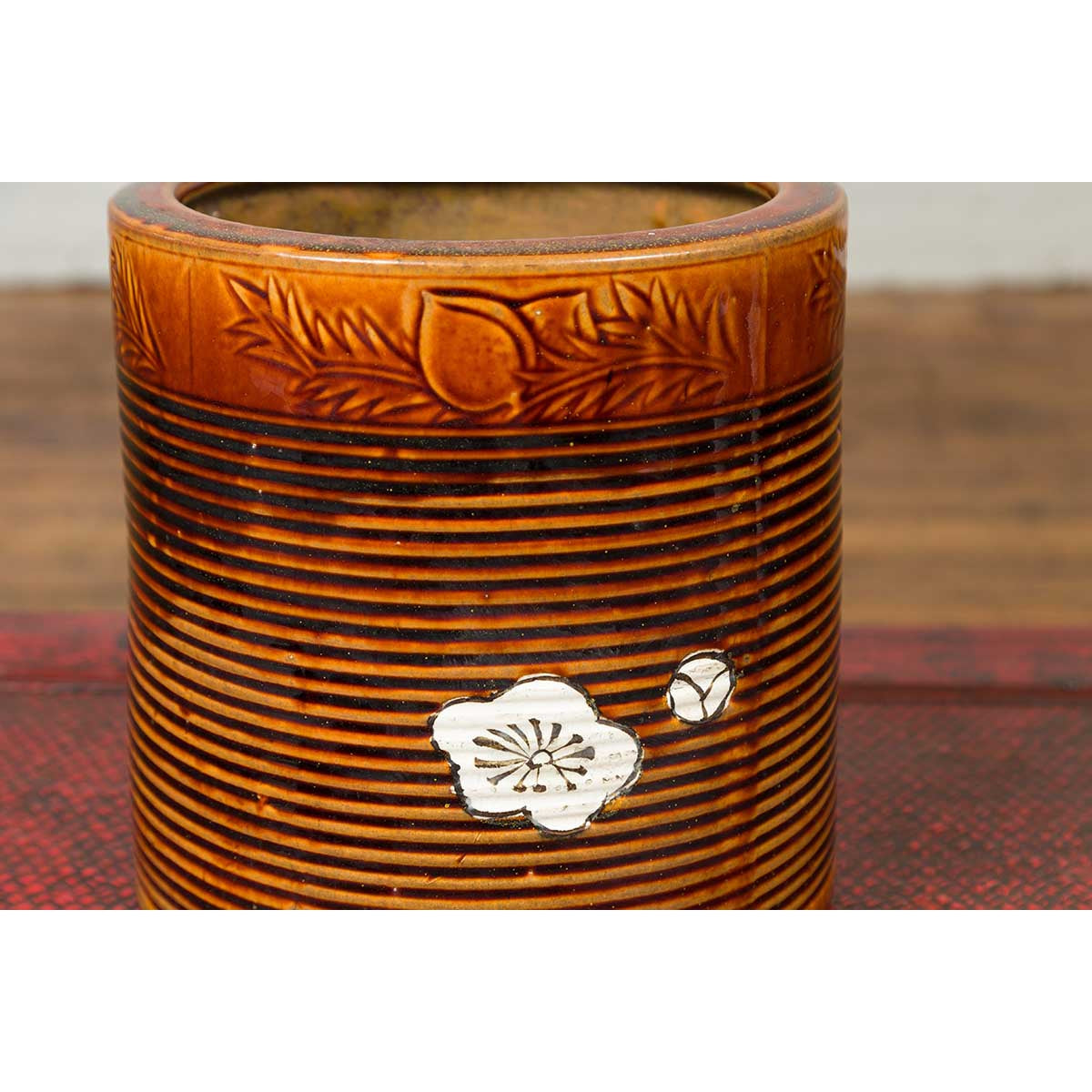Japanese Meiji Period 19th Century Hibachi Planter with Burnt Patina and Flower-4. Asian & Chinese Furniture, Art, Antiques, Vintage Home Décor for sale at FEA Home