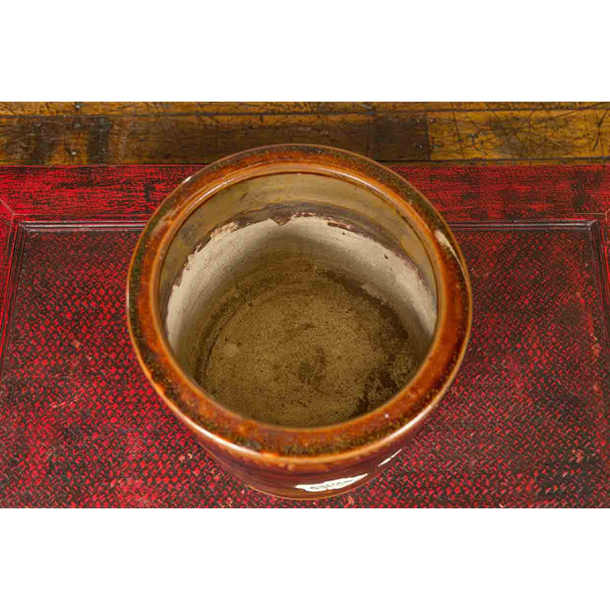 Japanese Meiji Period 19th Century Hibachi Planter with Burnt Patina and Flower-6. Asian & Chinese Furniture, Art, Antiques, Vintage Home Décor for sale at FEA Home