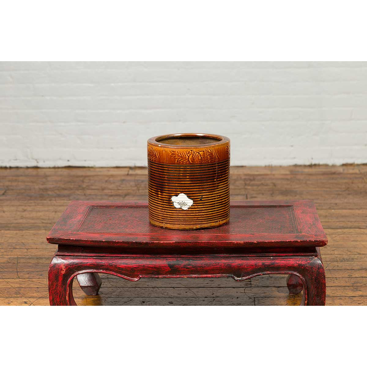 Japanese Meiji Period 19th Century Hibachi Planter with Burnt Patina and Flower-8. Asian & Chinese Furniture, Art, Antiques, Vintage Home Décor for sale at FEA Home
