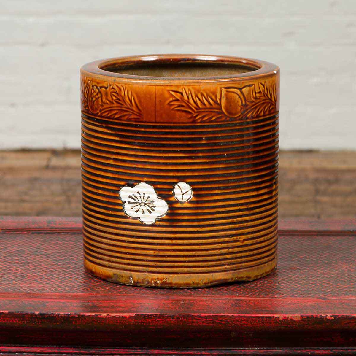 Japanese Meiji Period 19th Century Hibachi Planter with Burnt Patina and Flower-2. Asian & Chinese Furniture, Art, Antiques, Vintage Home Décor for sale at FEA Home