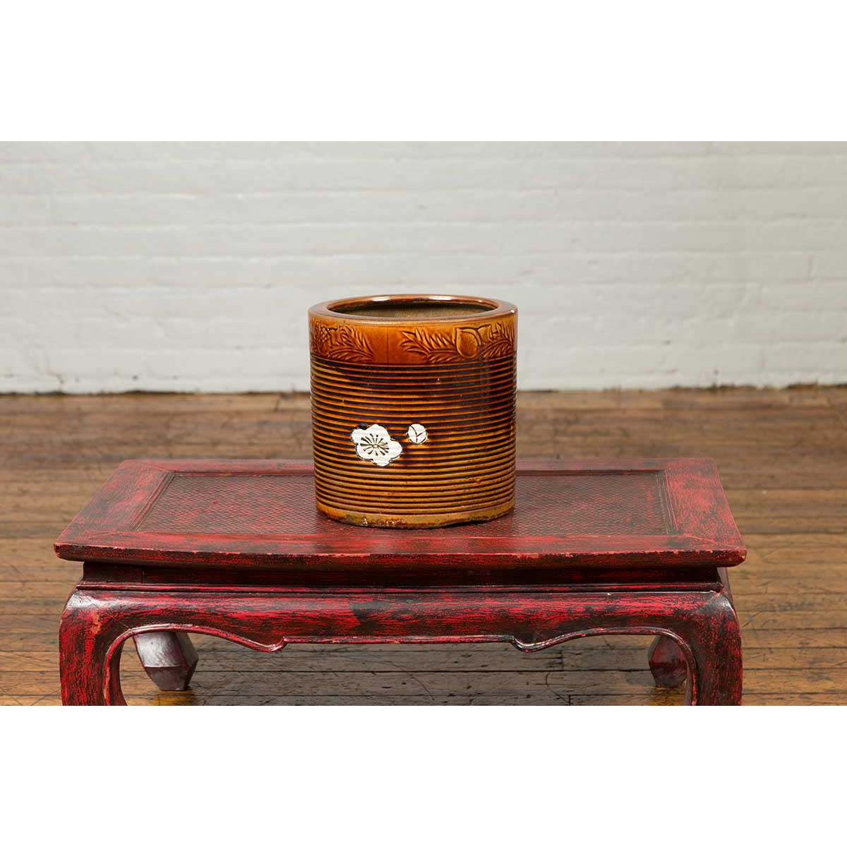 Japanese Meiji Period 19th Century Hibachi Planter with Burnt Patina and Flower-9. Asian & Chinese Furniture, Art, Antiques, Vintage Home Décor for sale at FEA Home