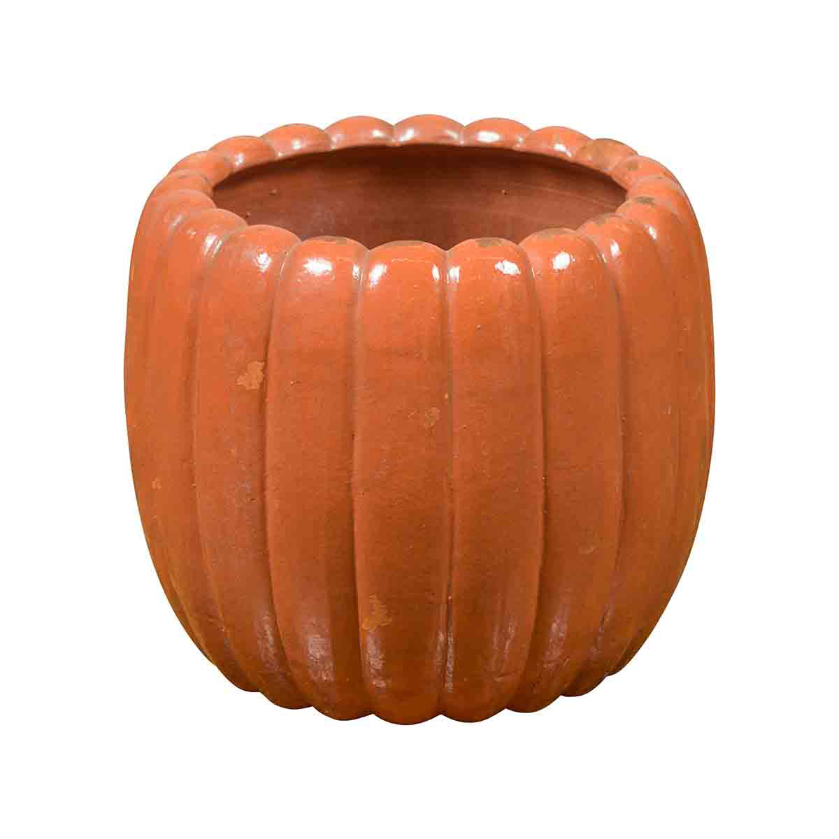ceramic pumpkin flower pot Japanese Taishō Period Handmade Coral Colored Pumpkin Shaped Planter