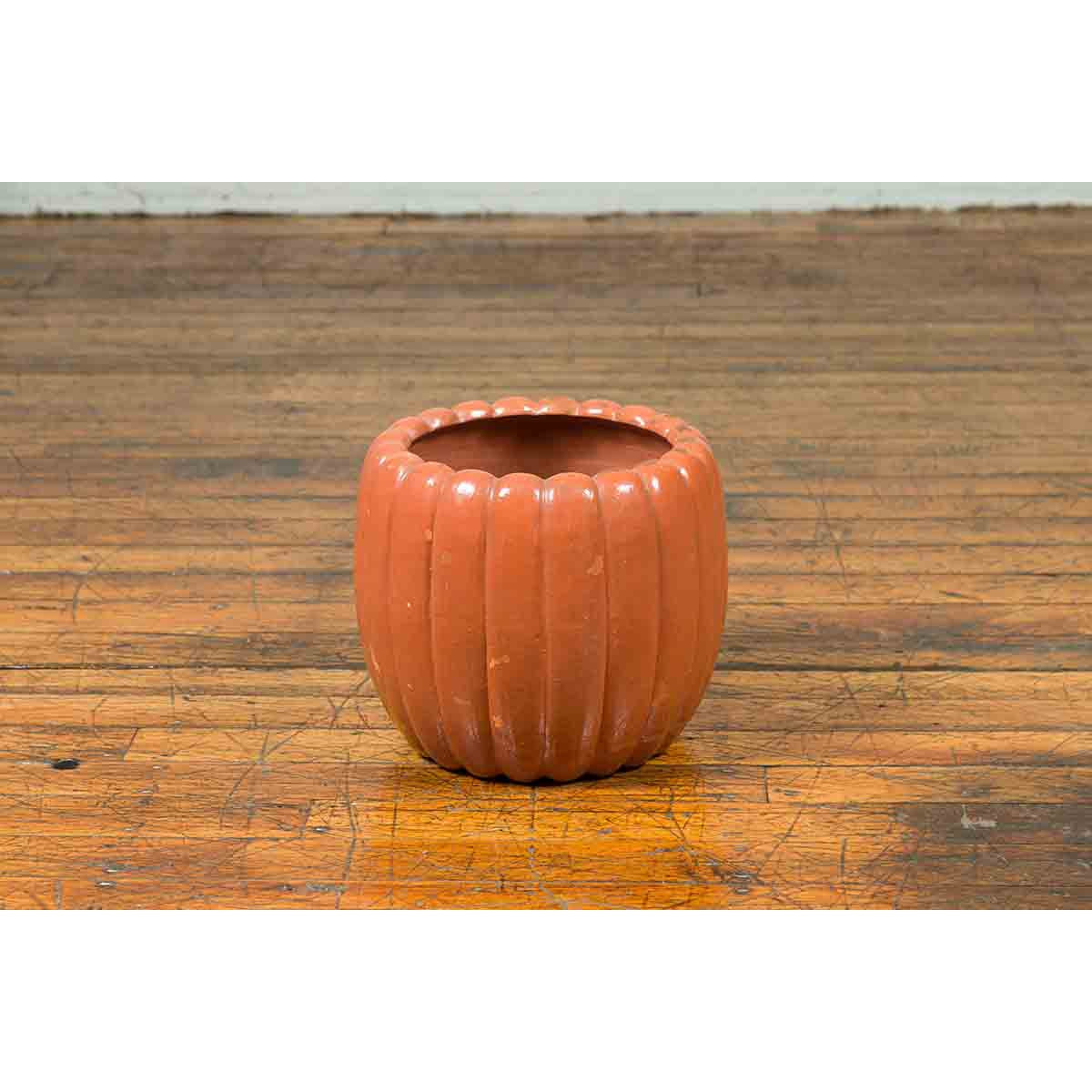 Japanese Taishō Period Handmade Coral Colored Pumpkin Shaped Planter-5. Asian & Chinese Furniture, Art, Antiques, Vintage Home Décor for sale at FEA Home