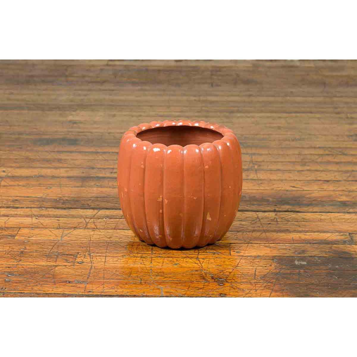 Japanese Taishō Period Handmade Coral Colored Pumpkin Shaped Planter-6. Asian & Chinese Furniture, Art, Antiques, Vintage Home Décor for sale at FEA Home