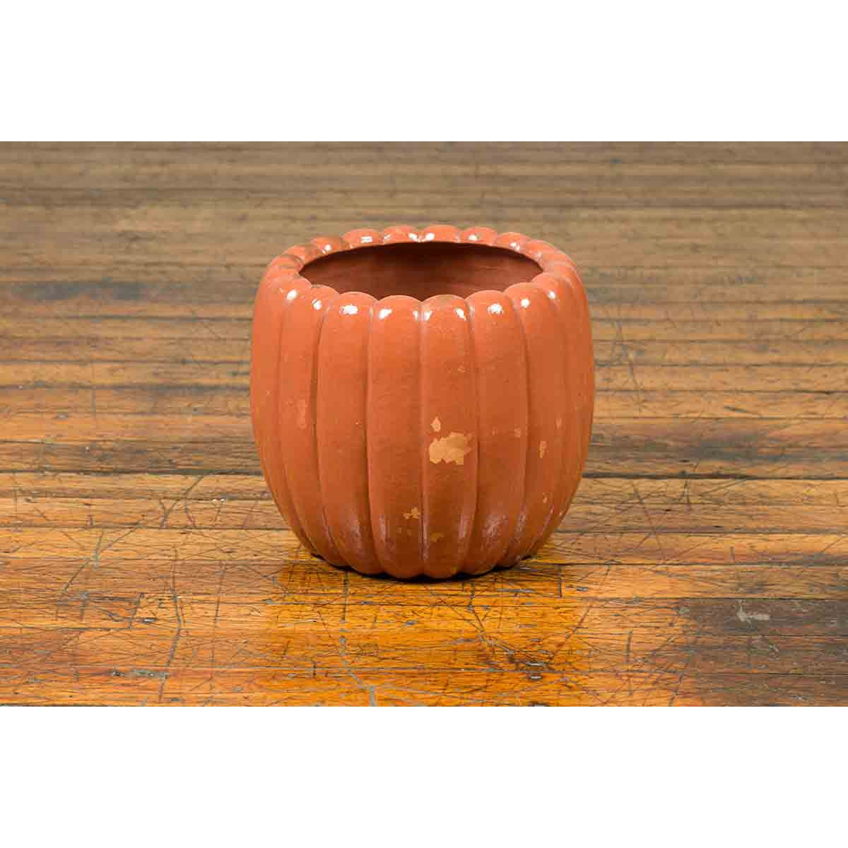 Japanese Taishō Period Handmade Coral Colored Pumpkin Shaped Planter-3. Asian & Chinese Furniture, Art, Antiques, Vintage Home Décor for sale at FEA Home