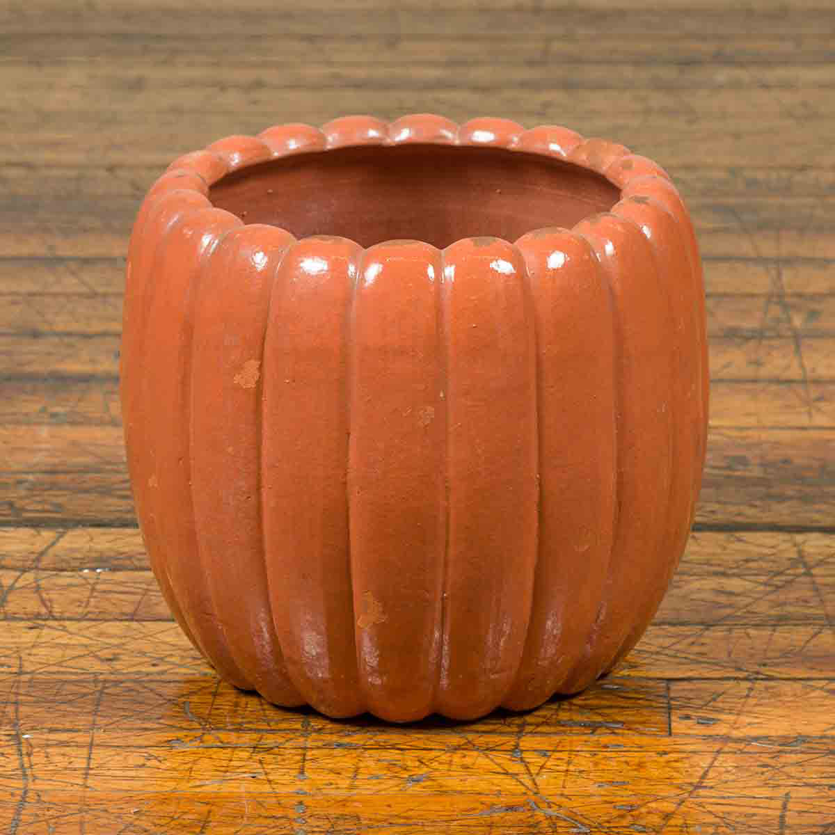Japanese Taishō Period Handmade Coral Colored Pumpkin Shaped Planter-2. Asian & Chinese Furniture, Art, Antiques, Vintage Home Décor for sale at FEA Home