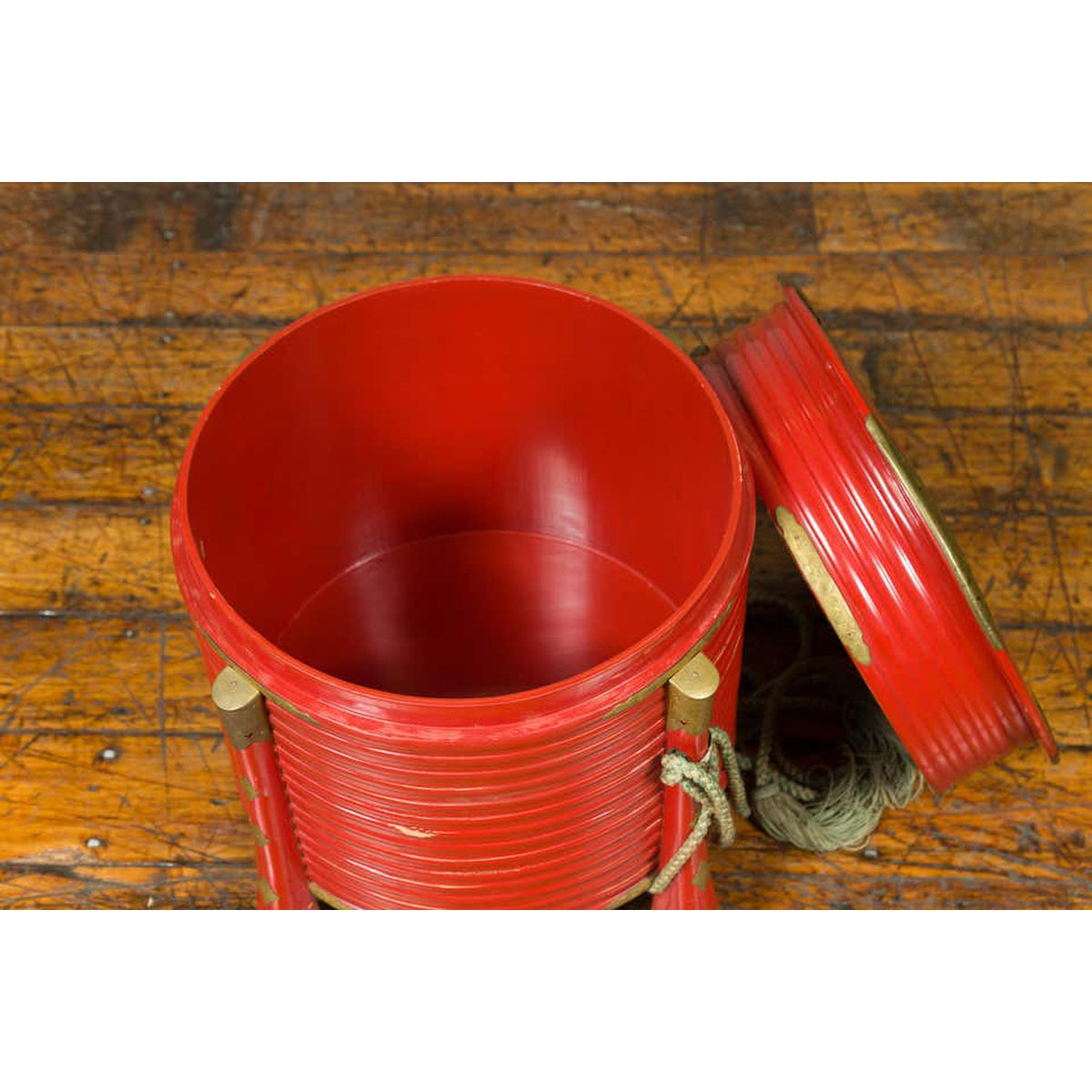 Japanese Taishō Red Lacquered Hokai Box with Brass Accents and Original Rope-5. Asian & Chinese Furniture, Art, Antiques, Vintage Home Décor for sale at FEA Home