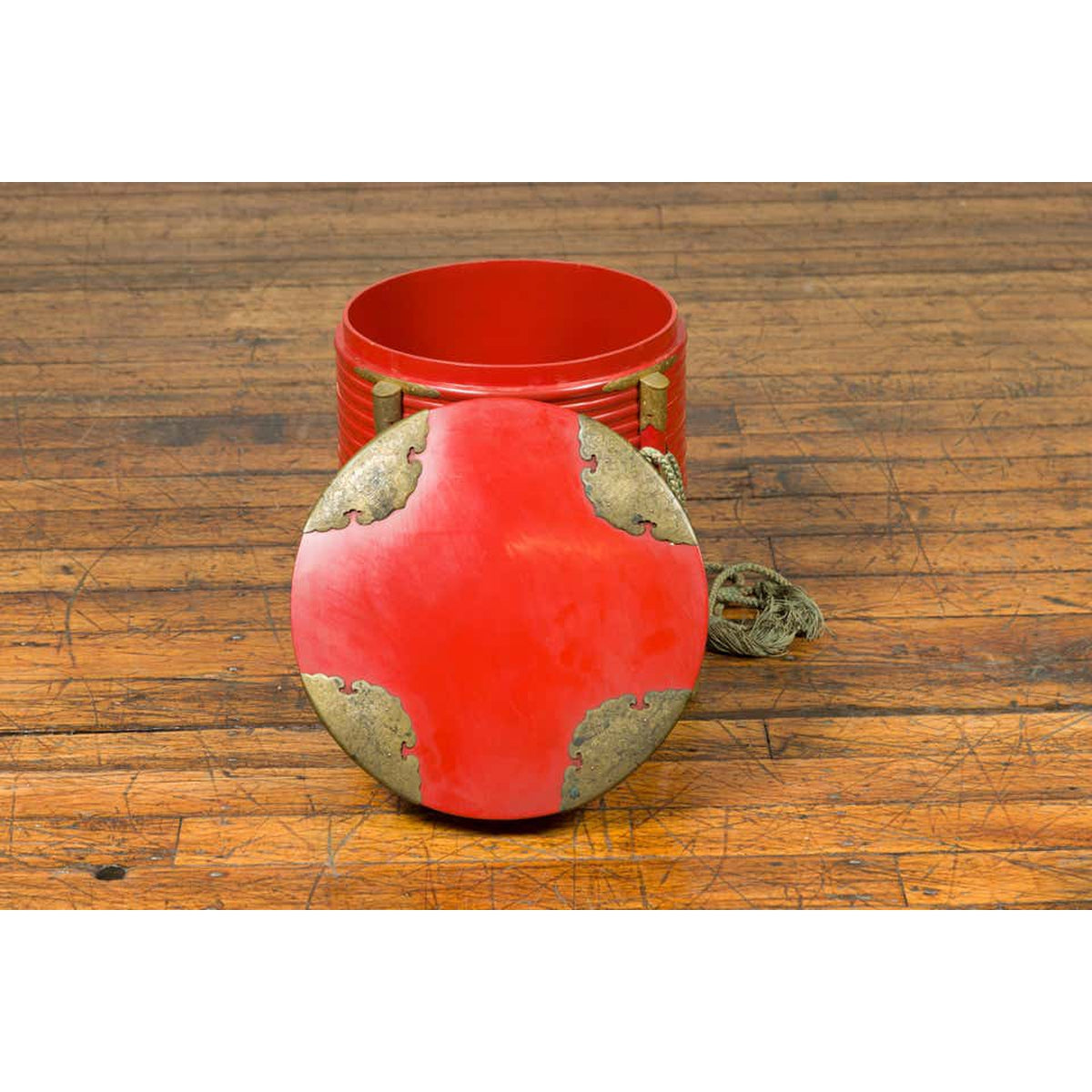 Japanese Taishō Red Lacquered Hokai Box with Brass Accents and Original Rope-6. Asian & Chinese Furniture, Art, Antiques, Vintage Home Décor for sale at FEA Home