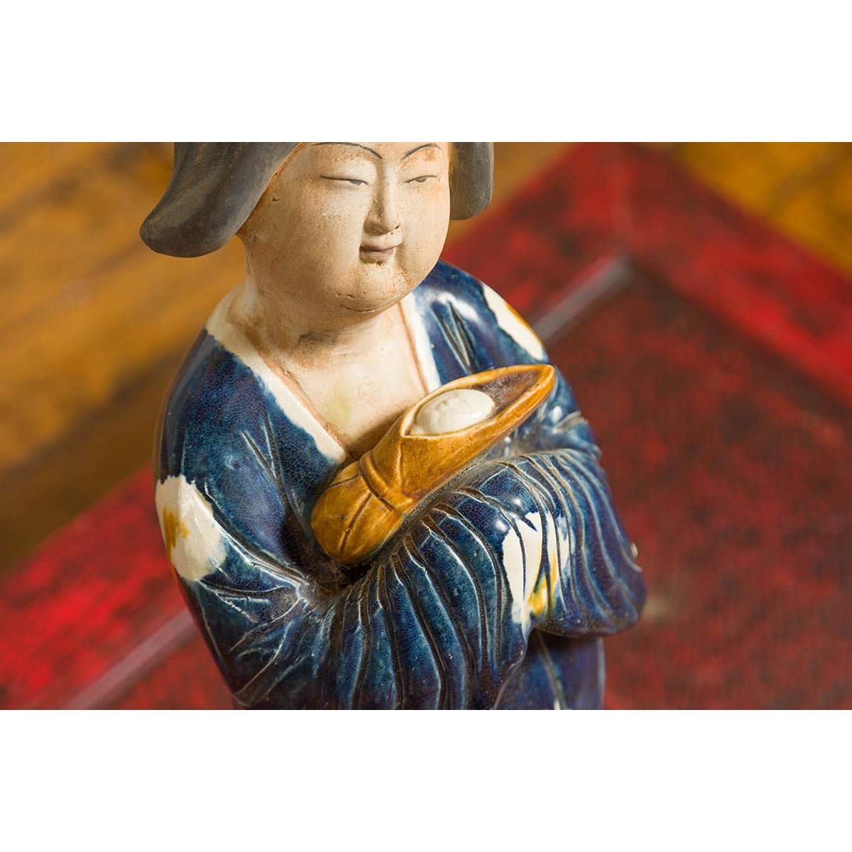 Small Chinese Statue of a Court Lady Wearing Blue Kimono and Holding a Baby-12. Asian & Chinese Furniture, Art, Antiques, Vintage Home Décor for sale at FEA Home