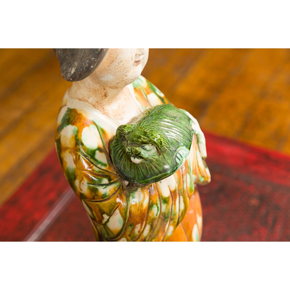 Chinese Court Lady Statue with Egg and Spinach Pattern Kimono and Holding a Dog-12. Asian & Chinese Furniture, Art, Antiques, Vintage Home Décor for sale at FEA Home