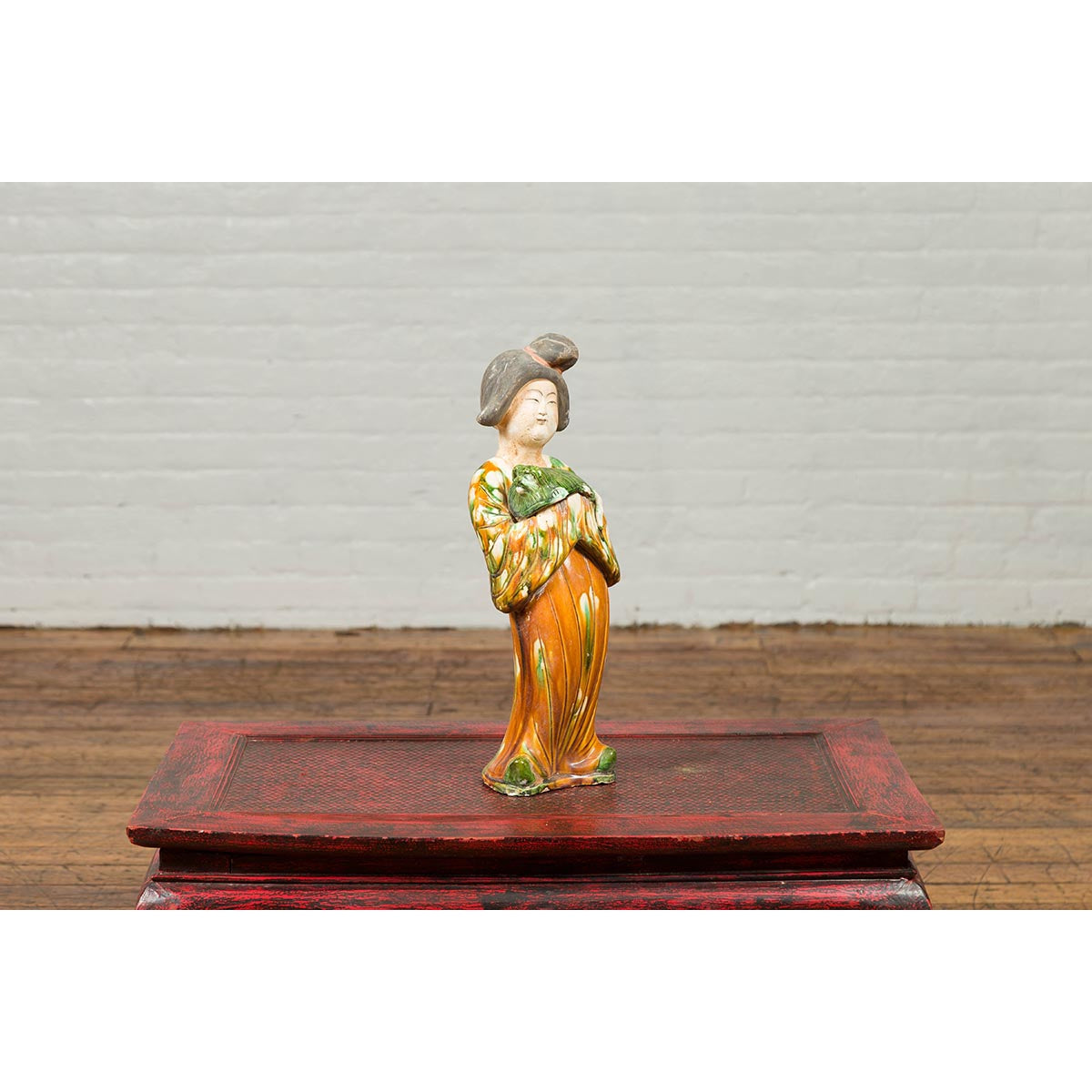 Chinese Court Lady Statue with Egg and Spinach Pattern Kimono and Holding a Dog-5. Asian & Chinese Furniture, Art, Antiques, Vintage Home Décor for sale at FEA Home