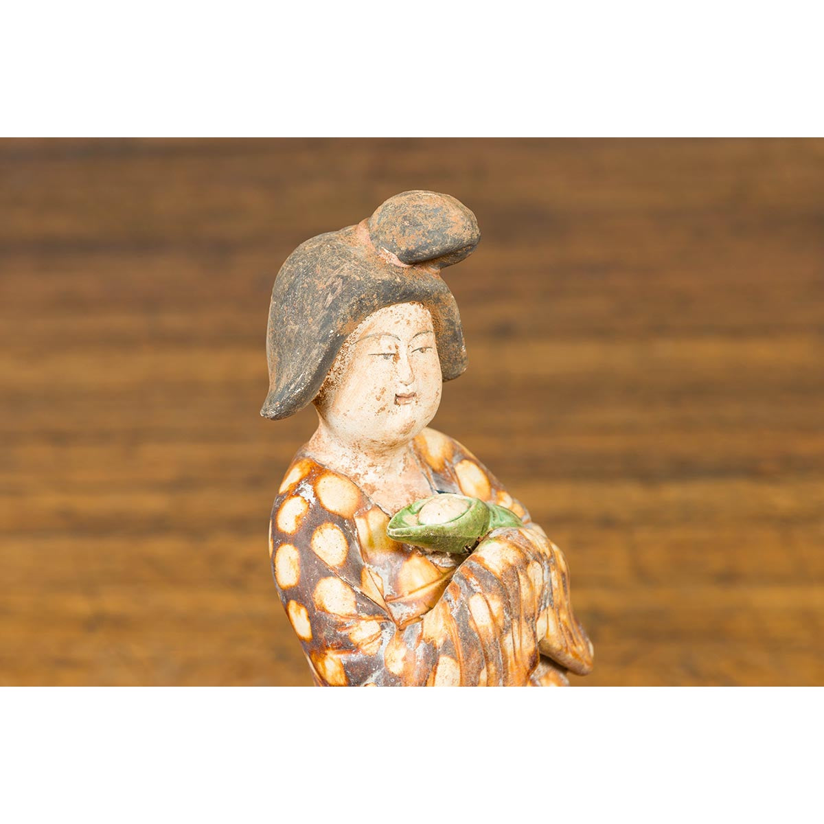 Statue of a Chinese Court Lady Wearing Brown Patterned Kimono and Holding a Baby-10. Asian & Chinese Furniture, Art, Antiques, Vintage Home Décor for sale at FEA Home