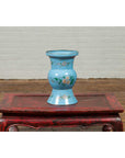 Vintage Chinese Hand Painted Blue Metal Vase with Calligraphy and Floral Décor-4. Asian & Chinese Furniture, Art, Antiques, Vintage Home Décor for sale at FEA Home
