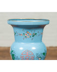 Vintage Chinese Hand Painted Blue Metal Vase with Calligraphy and Floral Décor-5. Asian & Chinese Furniture, Art, Antiques, Vintage Home Décor for sale at FEA Home