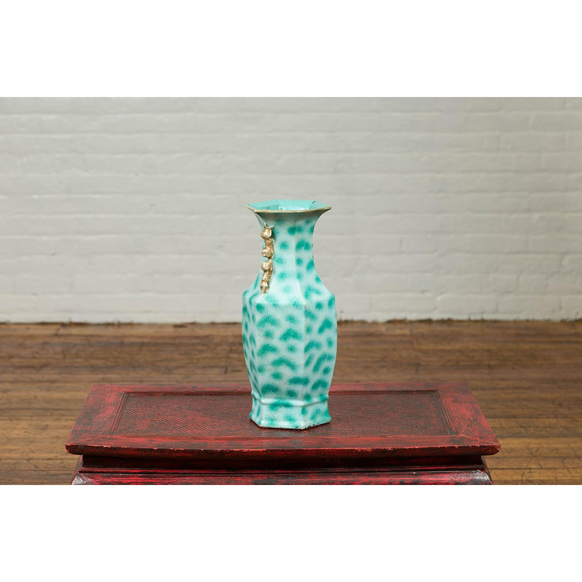 Vintage Chinese Turquoise Vase with Spotted Design and Hexagonal Neck-5. Asian & Chinese Furniture, Art, Antiques, Vintage Home Décor for sale at FEA Home