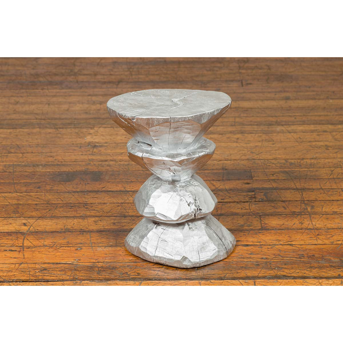 Contemporary Indonesian Silver-Colored Pedestal with Hourglass-Inspired Shape-4. Asian & Chinese Furniture, Art, Antiques, Vintage Home Décor for sale at FEA Home