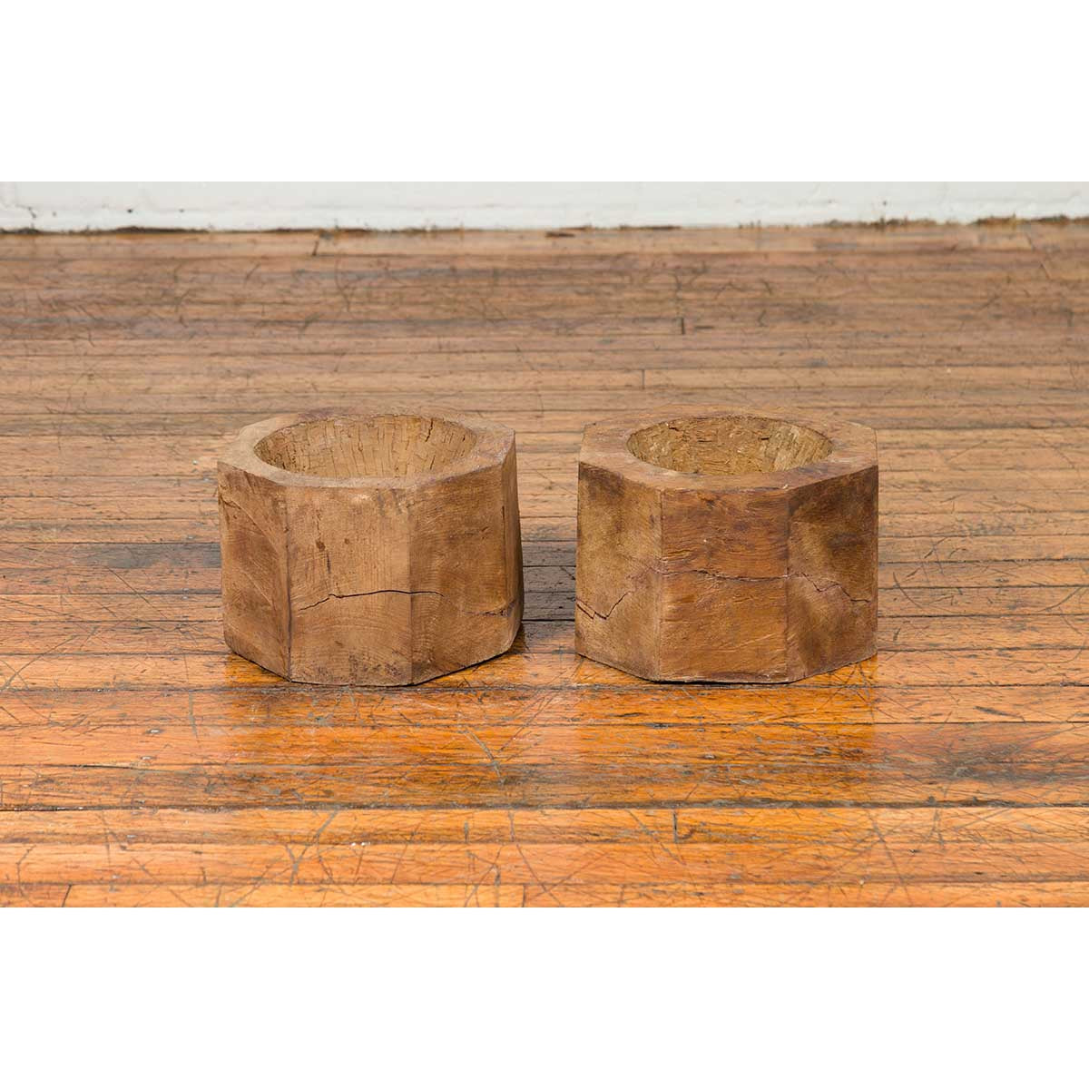 Antique Indonesian Rustic Octagonal Wooden Planters Made from Tree Trunks-6. Asian & Chinese Furniture, Art, Antiques, Vintage Home Décor for sale at FEA Home
