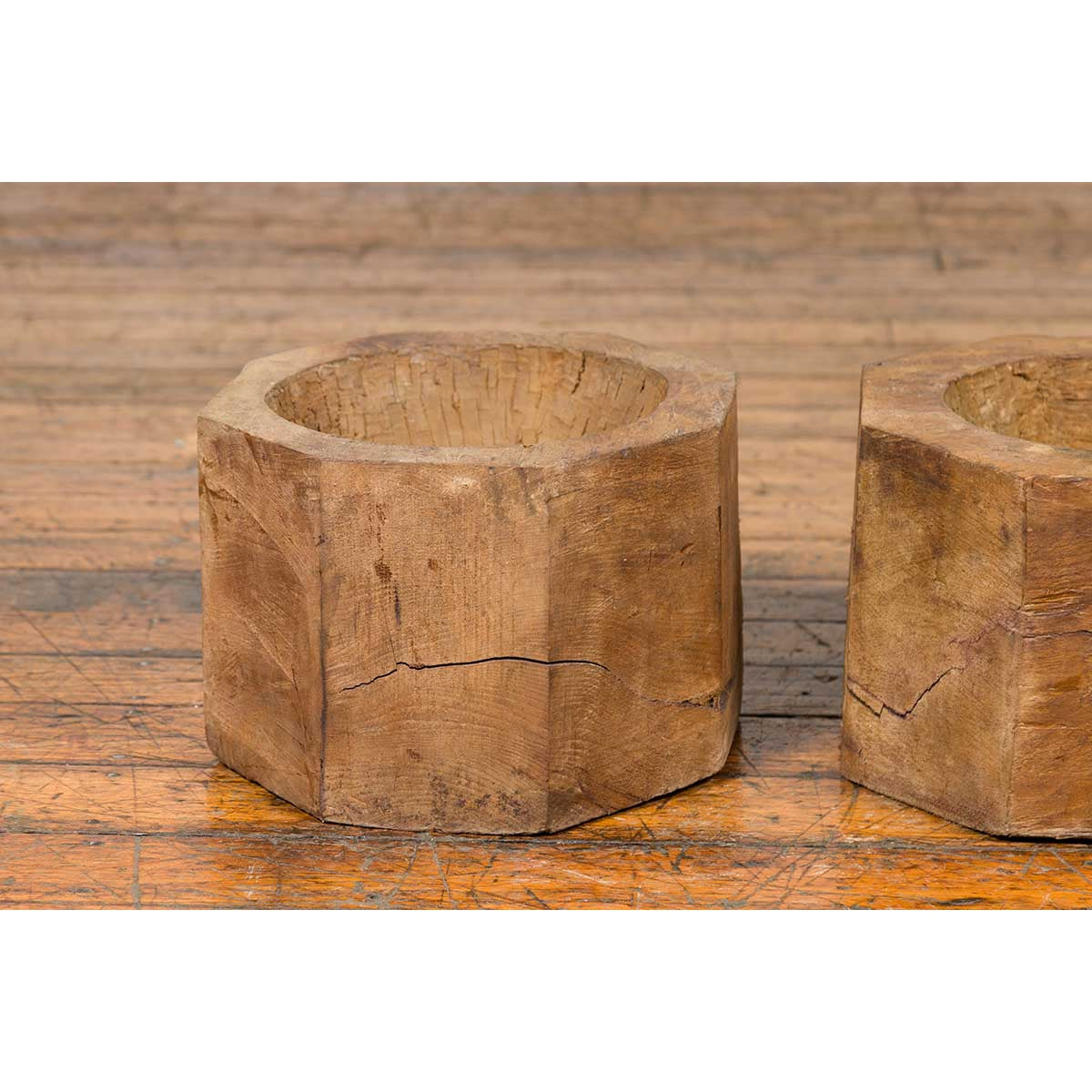 Antique Indonesian Rustic Octagonal Wooden Planters Made from Tree Trunks-7. Asian & Chinese Furniture, Art, Antiques, Vintage Home Décor for sale at FEA Home