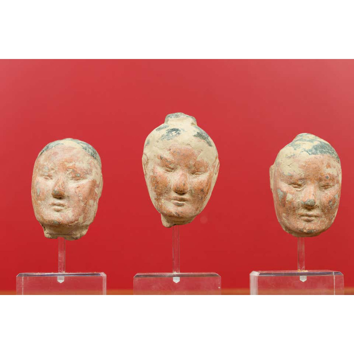 Set of Five Chinese Han Dynasty Terracotta Heads with Original Paint on Lucite-9. Asian & Chinese Furniture, Art, Antiques, Vintage Home Décor for sale at FEA Home