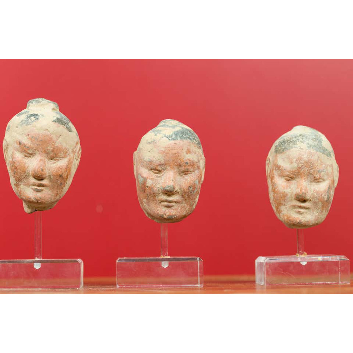 Set of Five Chinese Han Dynasty Terracotta Heads with Original Paint on Lucite-3. Asian & Chinese Furniture, Art, Antiques, Vintage Home Décor for sale at FEA Home