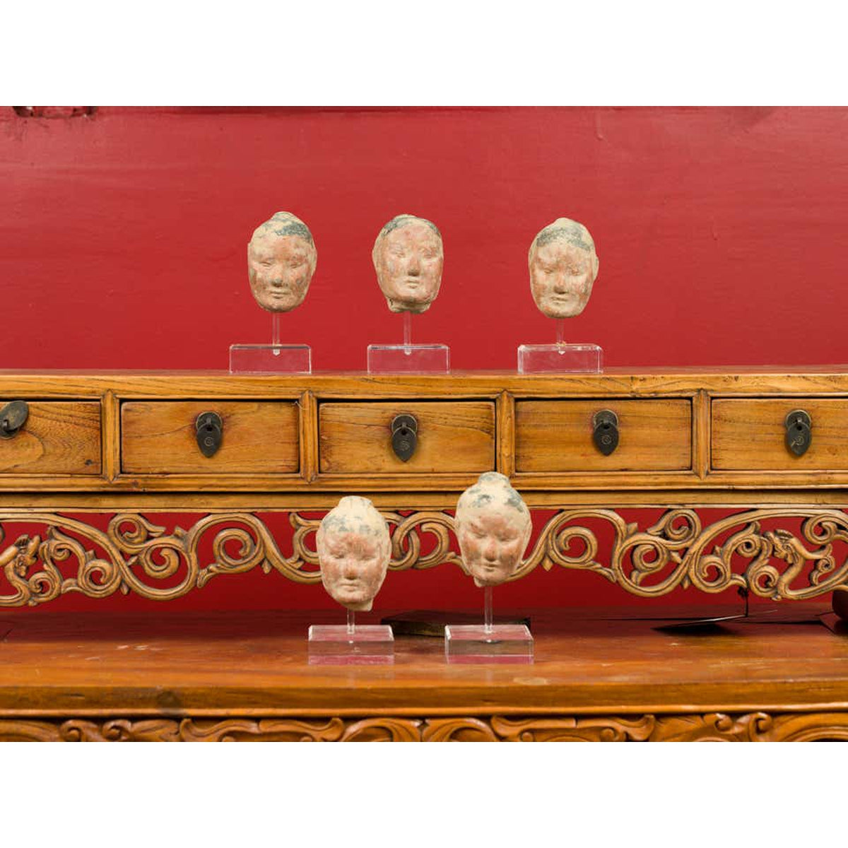 Set of Five Chinese Han Dynasty Terracotta Heads with Original Paint on Lucite-10. Asian & Chinese Furniture, Art, Antiques, Vintage Home Décor for sale at FEA Home