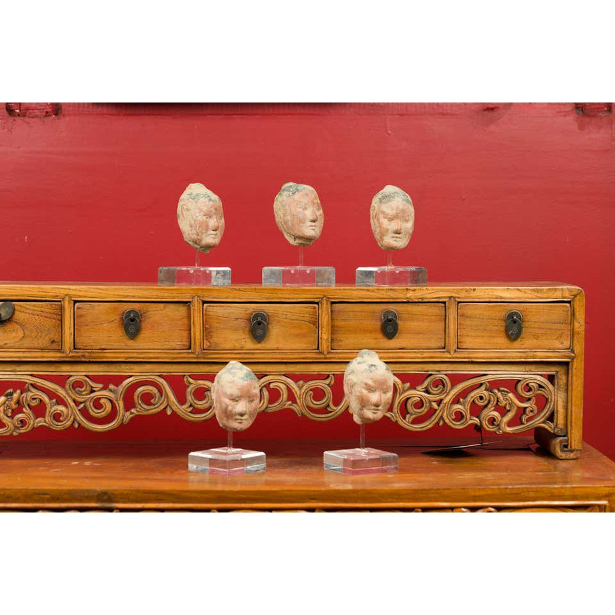 Set of Five Chinese Han Dynasty Terracotta Heads with Original Paint on Lucite-12. Asian & Chinese Furniture, Art, Antiques, Vintage Home Décor for sale at FEA Home